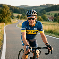Realistic portrait of a 63-year-old German road cyclist, outdoors on a quiet asphalt road with rolling hills, silver hair, wearing a cycling jersey and wraparound sunglasses, smiling calmly, bike handlebar visible, afternoon golden hour light, medium shot.