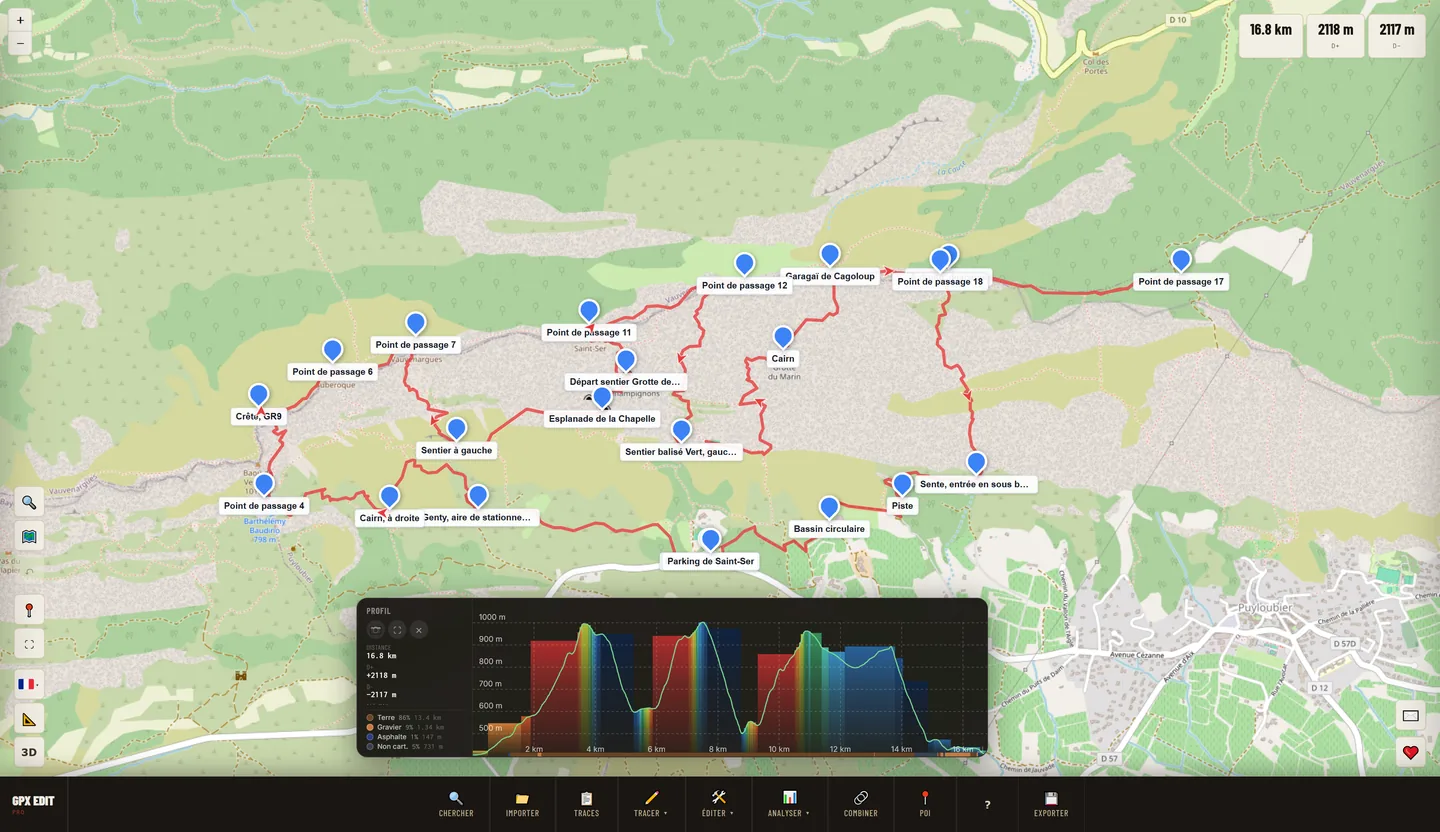 Interface de GPX Edit Pro : trace de randonnée de 16,8 km sur carte topographique autour de la Sainte-Victoire, waypoints nommés, profil d'altitude coloré par pente et répartition des surfaces (terre 86 %, gravier 9 %, asphalte 1 %)