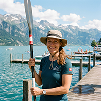 Realistic portrait of a 39-year-old Swiss woman kayaker, standing on a wooden dock by a Swiss lake, holding a paddle, wearing a quick-dry shirt and a sun hat, smiling, water and mountains in background, bright sunny day, medium close-up.